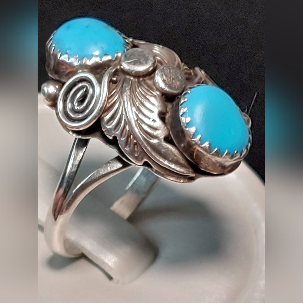 Native American Sterling Silver Turquoise Ring Signed M Size 8 - Picture 3 of 11